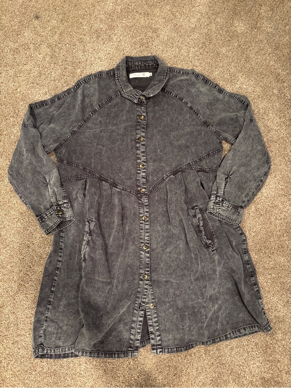 Mineral Wash Black Denim Button-Front Mini Dress